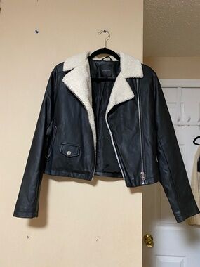 Dynamite Black Faux Leather Jacket with White Sherpa Collar